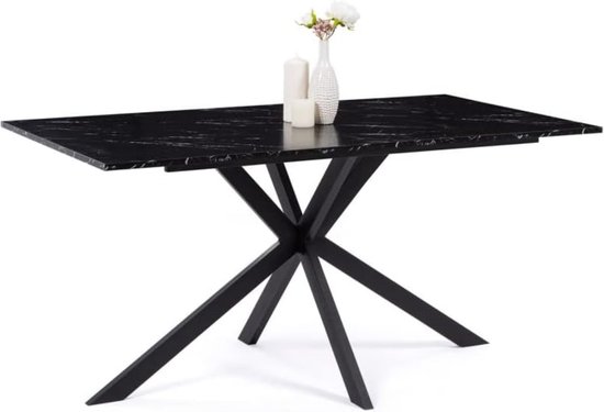 Table à manger Alaska pour 6 à 8 personnes, effet marbre, piètement araignée noir et métal, 160 cm