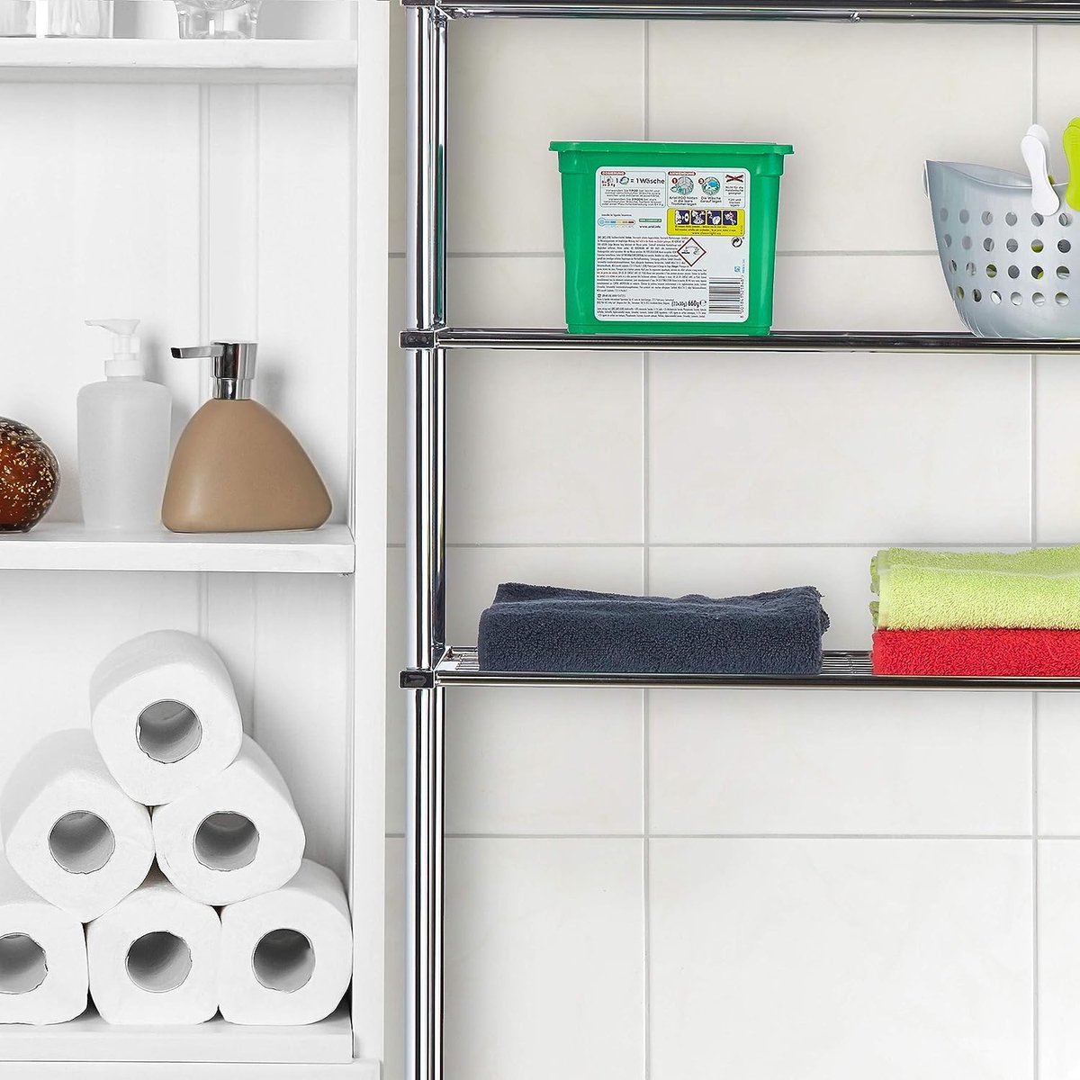 Relaxdays badkamerrek met wasmand, 3 vakken, vrijstaand