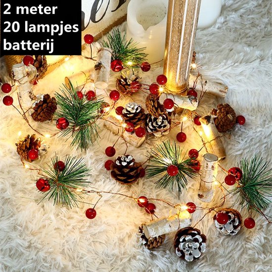 Cloches en bois de lumières de Noël à led TDR, pomme de pin, lampe aux baies rouges -Chaîne lumineuse de Noël pour intérieur et extérieur 2 mètres 20 lumières lumière chaude
