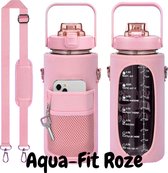 Aqua-Fit Roze 2L - Waterfles - Drinkfles - Draagtas met mobiele telefoon en sleutelhouder - Waterfles/Drinkfles met rietje - Grote waterfles - Gallon - Sportbidon - fitnessfles