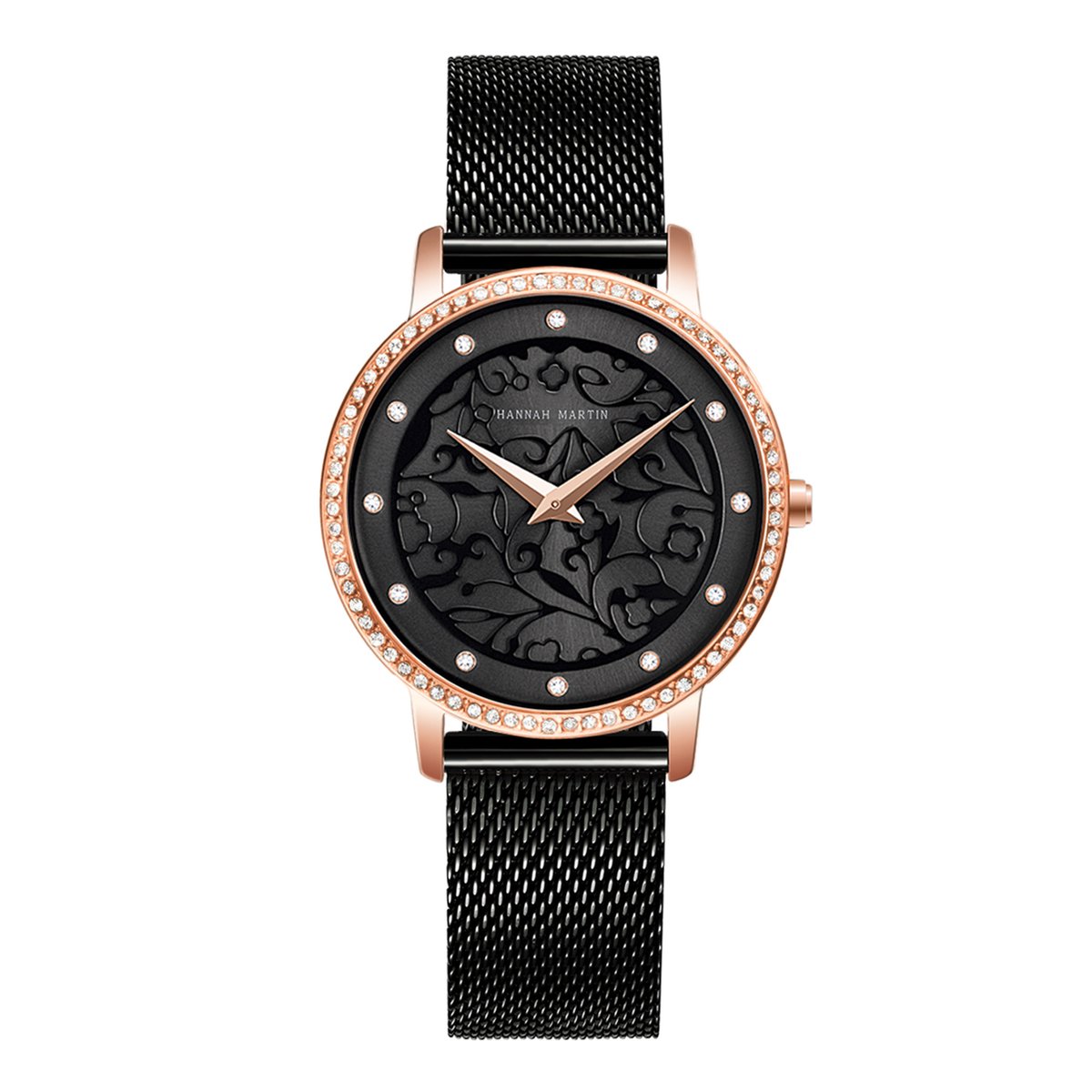 HANNAH MARTIN horloge met kristal diamantjes, zwarte stalen polsband, zwarte wijzerplaat, gouden horlogekast en gouden wijzers voor dames met stijl ( model 1073 H-WFH )