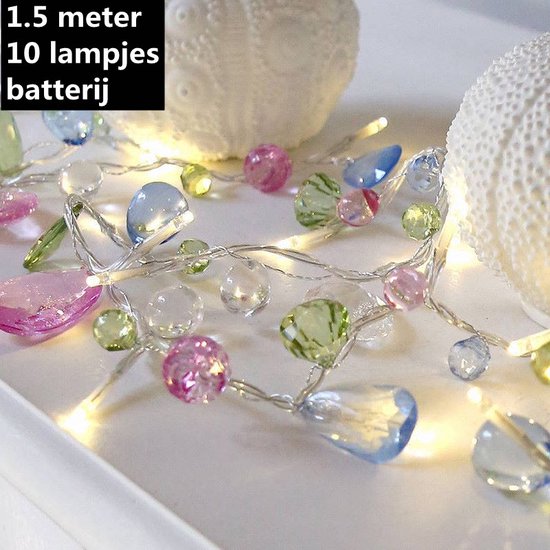 LED Lichtsnoer met uniek ontworpen kristallen kralen - 10 lampjes 1.5meter lang- wekt op batterij- Geweldige decoratie voor uw huis, vakantie en feest of als nachtlampje.