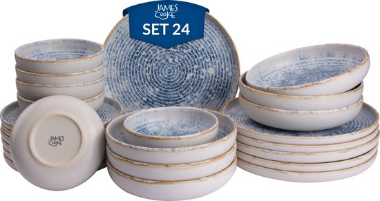 Foto: James cooke serviesset azure vintage stoneware 6 persoons 24 delig wit blauw