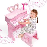 Piano voor Kinderen - Kinderpiano - Elektronisch Muziekinstrument met 37 Toetsen voor Meisjes - Cadeau - Pedagogisch Muziekspeelgoed met Afneembare Poten - Microfoon - Meerdere Muziekmodi - Licht - met Kruk - Roze