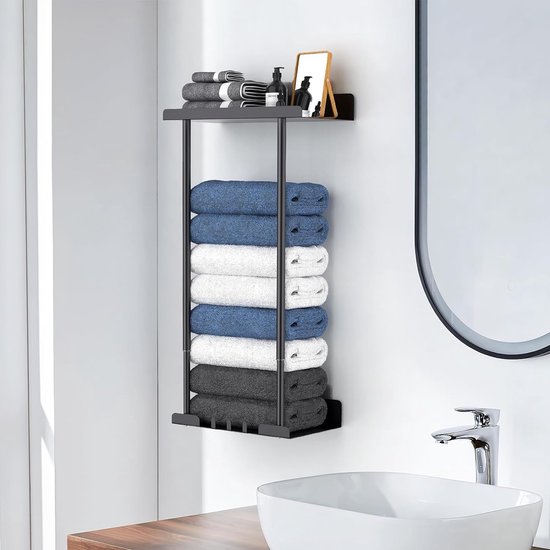 Porte-serviettes Mural Autocollant 40 Cm - Noir Acier Inoxydable, Avec Crochet - Pour Salle De Bain Et Cuisine