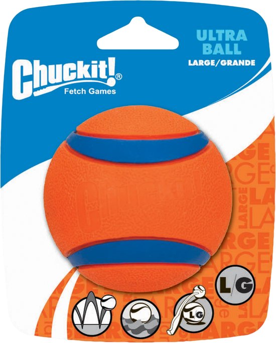 Chuckit! Ultra Ball – Hondenspeelgoed – Hondenbal – Apporteerspeelgoed – Duurzaam rubber - L – Ø 7 cm – Oranje/Blauw - 1 Stuks