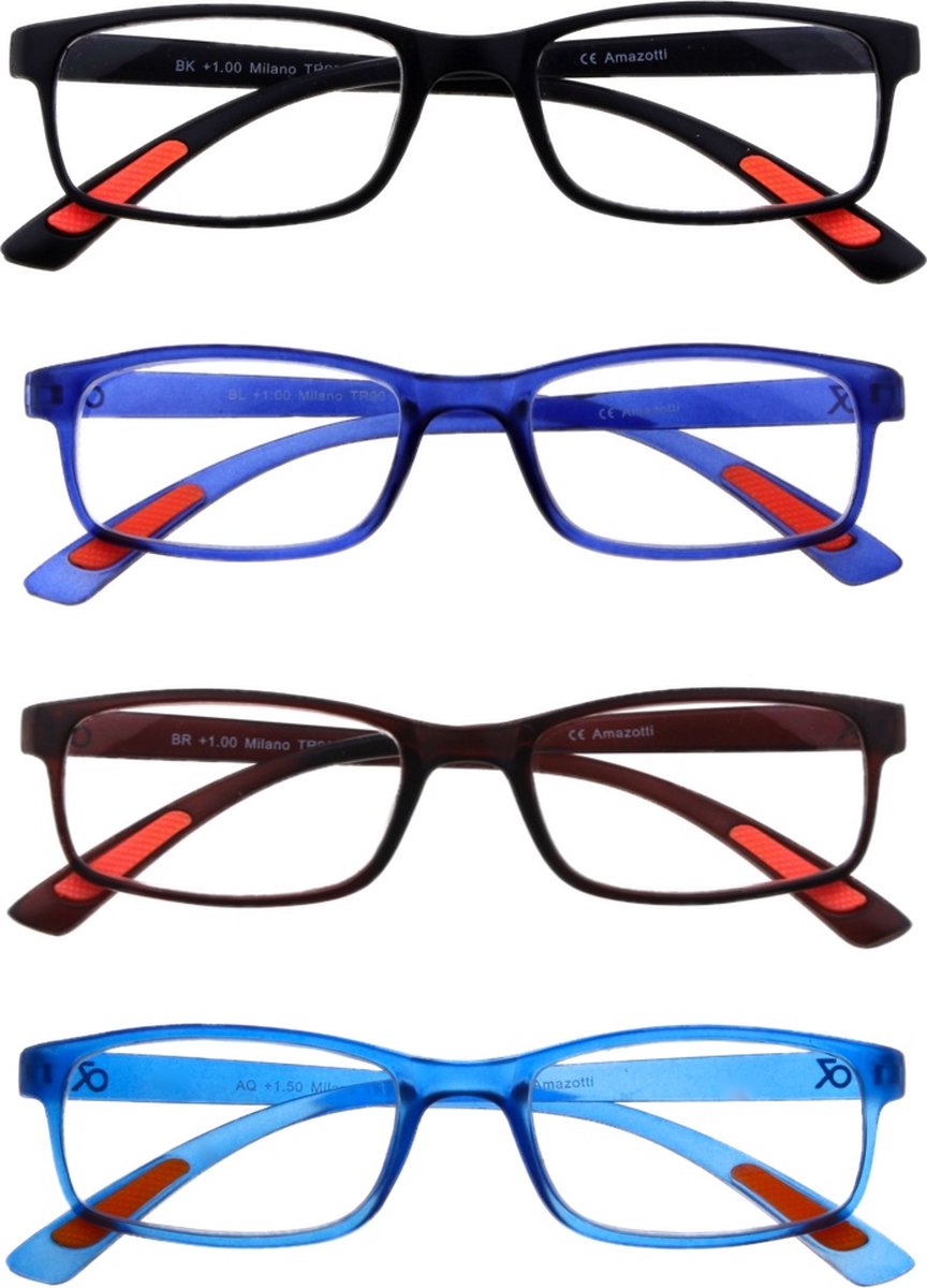 Amazotti Milano Leesbrillen Sterkte +2.25 - Set van 3+1 Extra - Zwart, Blauw, Bruin - Leesbril voor Heren en Dames