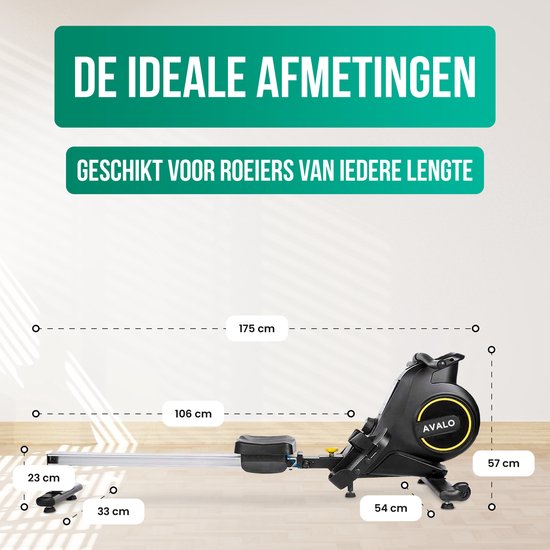 Afmetingen van de Avalo roeitrainer: 175cm x 106cm x 57cm.