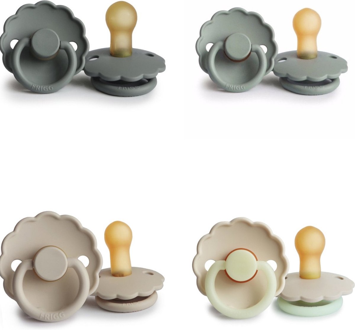 Goedkoopste FRIGG DAISY Fopspeen set 4 stuks Sage,French Gray,Sandstone en Cream Glow 6-18 maand