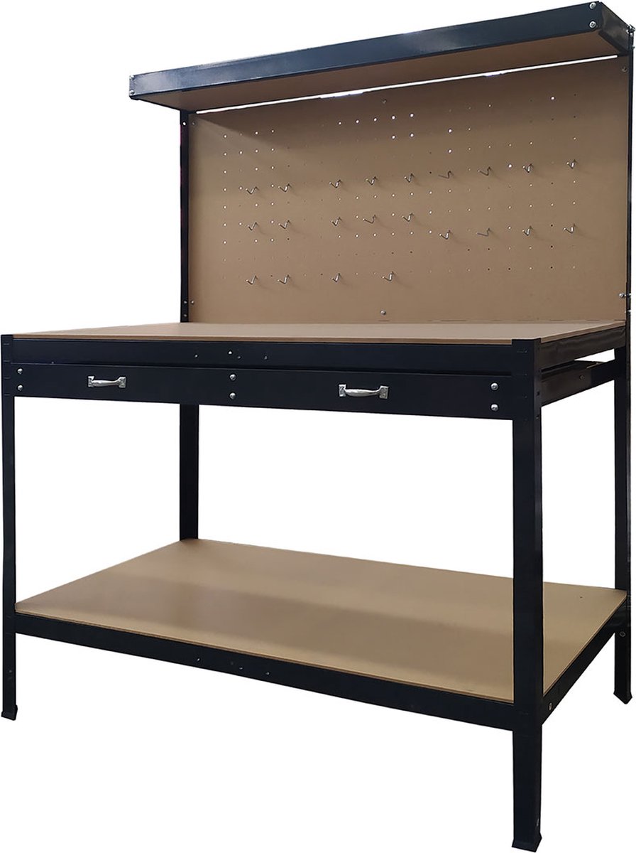 Brasq Robuuste Werkbank met 2 lades zwart Werktafel Incl. Ophangwand en haken 120x60x155cm Draagkracht Max. 225 KG