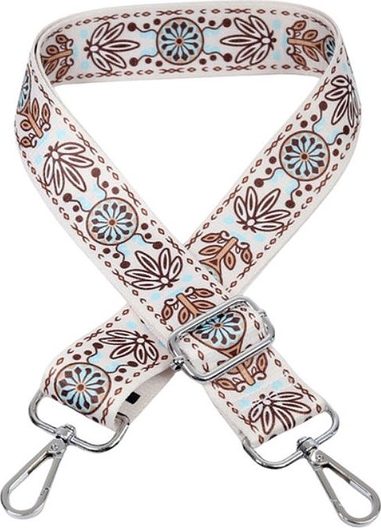 Schouderriem Bloemen Creme - bag strap - verstelbaar - afneembare schouderband - met gespen - tassenriem