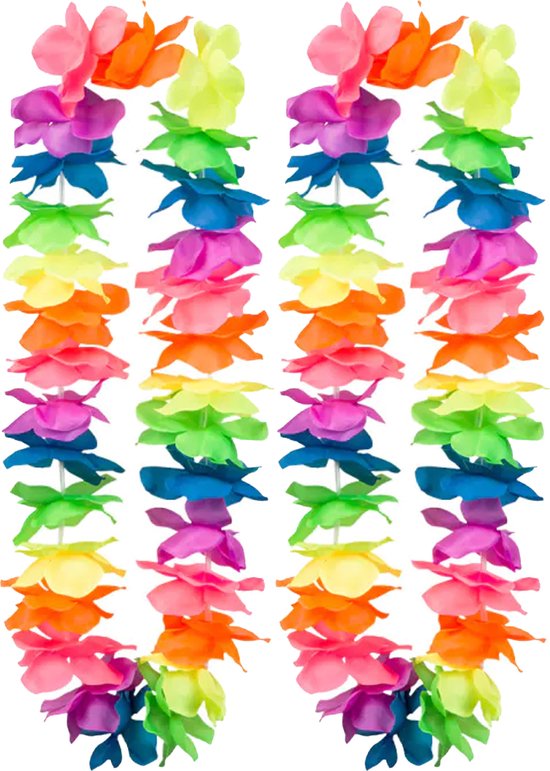 Boland Hawaii krans/slinger - 2x - Tropische/zomerse kleuren mix - Bloemen hals slingers