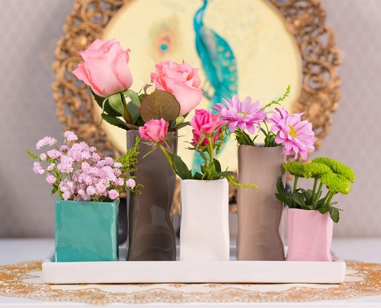 Moderne keramische vazen voor binnen | Veelkleurig | 29,5 x 11 x 16 cm | Set van 5 vazen | Decoratieve bloempotten, moderne ornamenten, cadeau, pronkstuk keramiek