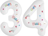 Folie Ballonnen Cijfers 34 Jaar Happy Birthday Verjaardag Versiering Cijferballon Folieballon Cijfer Ballonnen Wit 70 Cm