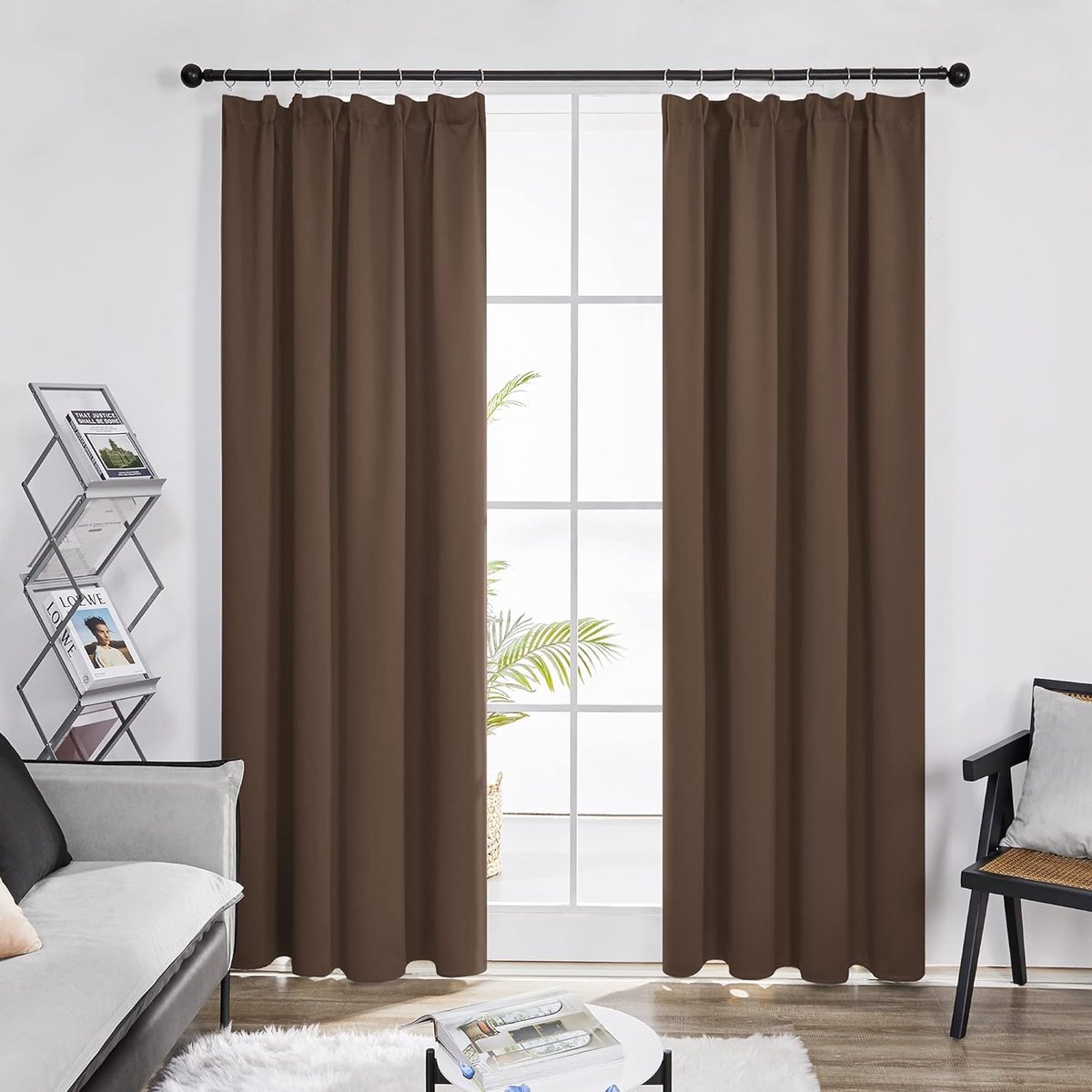 Famanu - Verduisterende Gordijnen Plooiband, Bruin, 140x175 cm (B x H), set van 2, Gordijn Warmte-isolerend voor Raam, Slaapkamer, Kant en Klaar