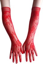 BamBella® - Lange Handschoenen - Rood - Kant - onesize Lange Elastische Visnet | One Size | feest Carnaval