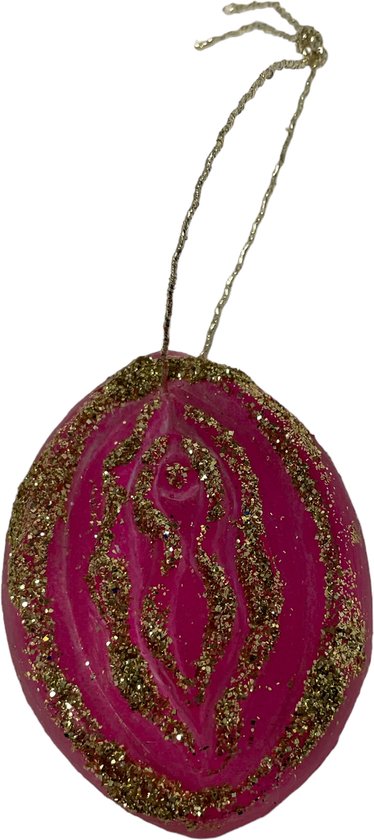 Crazy kerstboomhanger in de vorm van een flamoes/vagina. Deze kan je in de kerstboom hangen als decoratie en als kunstobject. Kleur roze goud