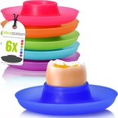 Plastic eierdopjes set van 6 – kleurrijk – onbreekbare eierhouder, perfect voor kinderen en kamperen – met praktische lepelsteun en overloopbeveiliging