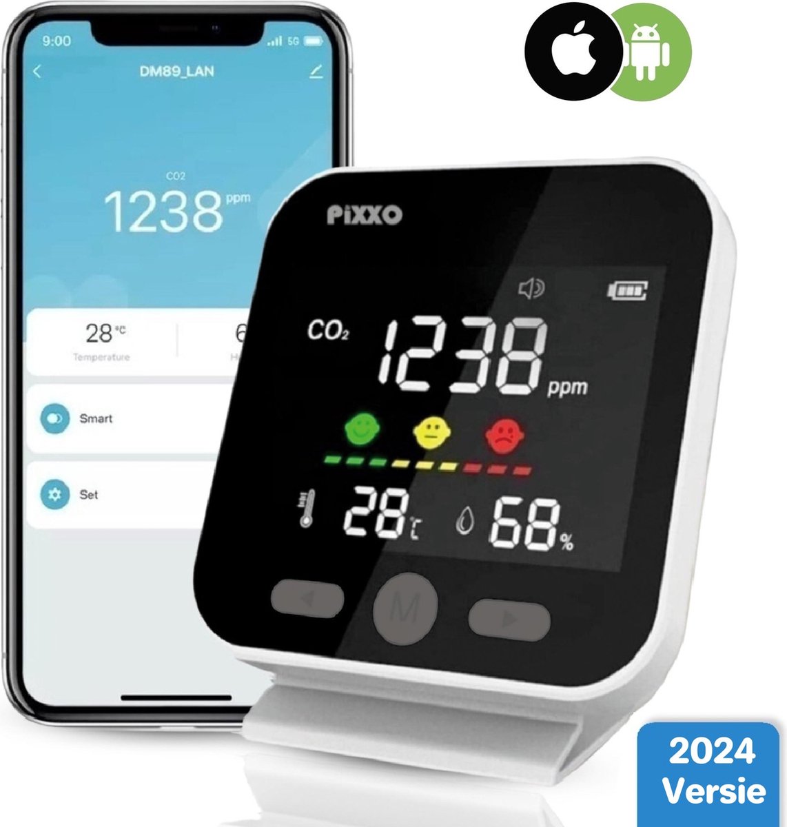 PiXXO® CO2 Meter & Hygrometer voor Binnen - Instelbaar Slim Alarm - Koppel Meerdere Apparaten en Gebruikers - Luchtvochtigheidsmeter en Thermometer - Zelf Kalibrerende NDIR Sensor - Luchtkwaliteitsmeter - Draagbaar en Oplaadbaar op Prijzenvolger.com