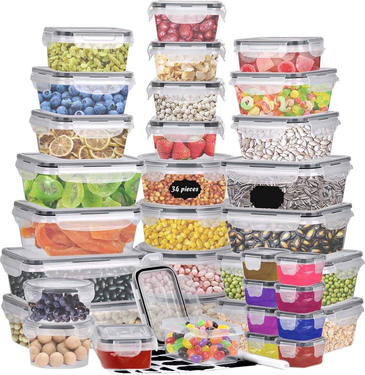 34 stuks vershouddozen kunststof voedselcontainers 10 maten voorraaddozen vriesdozen met deksel keuken opbergdoos organizer luchtdichte opbergdozen
