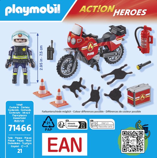 Playmobil set met brandweerman, rode motor, brandblusser, radio, kegels en olievlekken.
