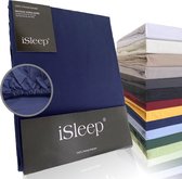 iSleep Perkal Hoeslaken - 100% Perkal Katoen - Hoge Hoek - Rondom Elastiek - Litsjumeaux - 180x210 cm - Donker Blauw