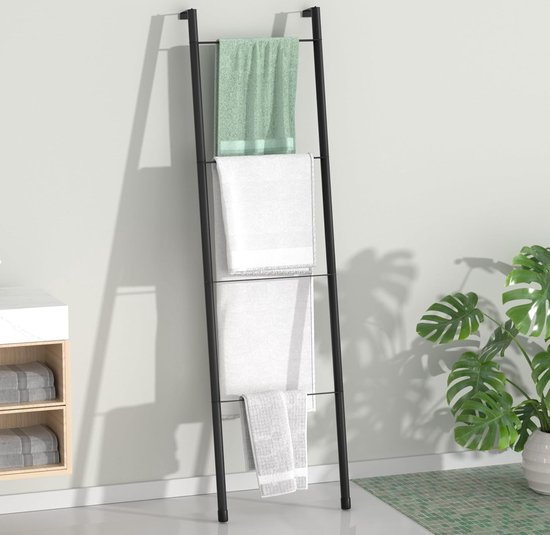 Handdoekenrek staand van zwart metaal – handdoekladder voor decoratieve badkamer, woonkamer, keuken, houder voor handdoeken, dekens, kuits (4 verdiepingen, zwart)