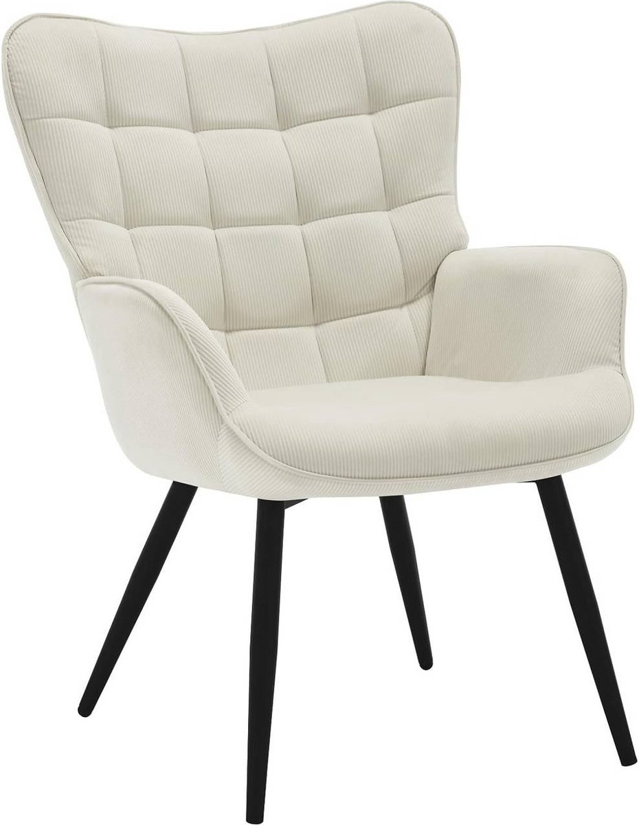 BukkitBow Luxe Relaxstoel - Moderne Wing Fauteuil - met Stevige Metalen Poten - Met Zachte Ribfluwelen Bekleding - 46CM Zithoogte - Crème / Wit