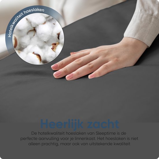 Hand raakt donkergrijs, zacht hoeslaken aan. Katoenpluisjes detail.