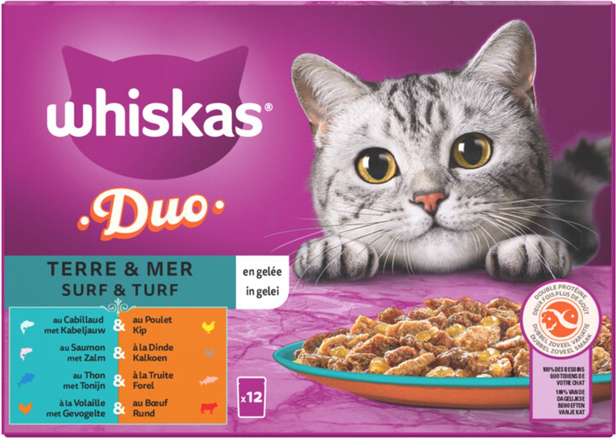 Whiskas 1+ - Duo Surf & Turf - Nourriture Nourriture pour chat - Sélection  en gelée 