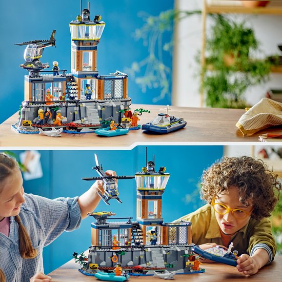 Collage van LEGO City Politiegevangeniseiland, met kinderen die ermee spelen.