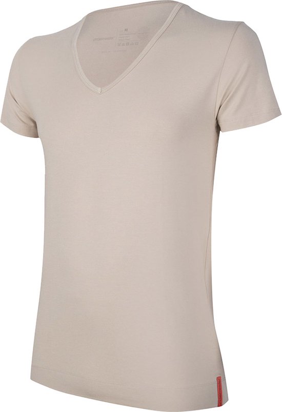 Undiemeister - T-shirt - T-shirt heren - Slim fit - Korte mouwen - Gemaakt van Mellowood - Diepe V-hals - Desert Sand (khaki) - Anti-transpirant - S