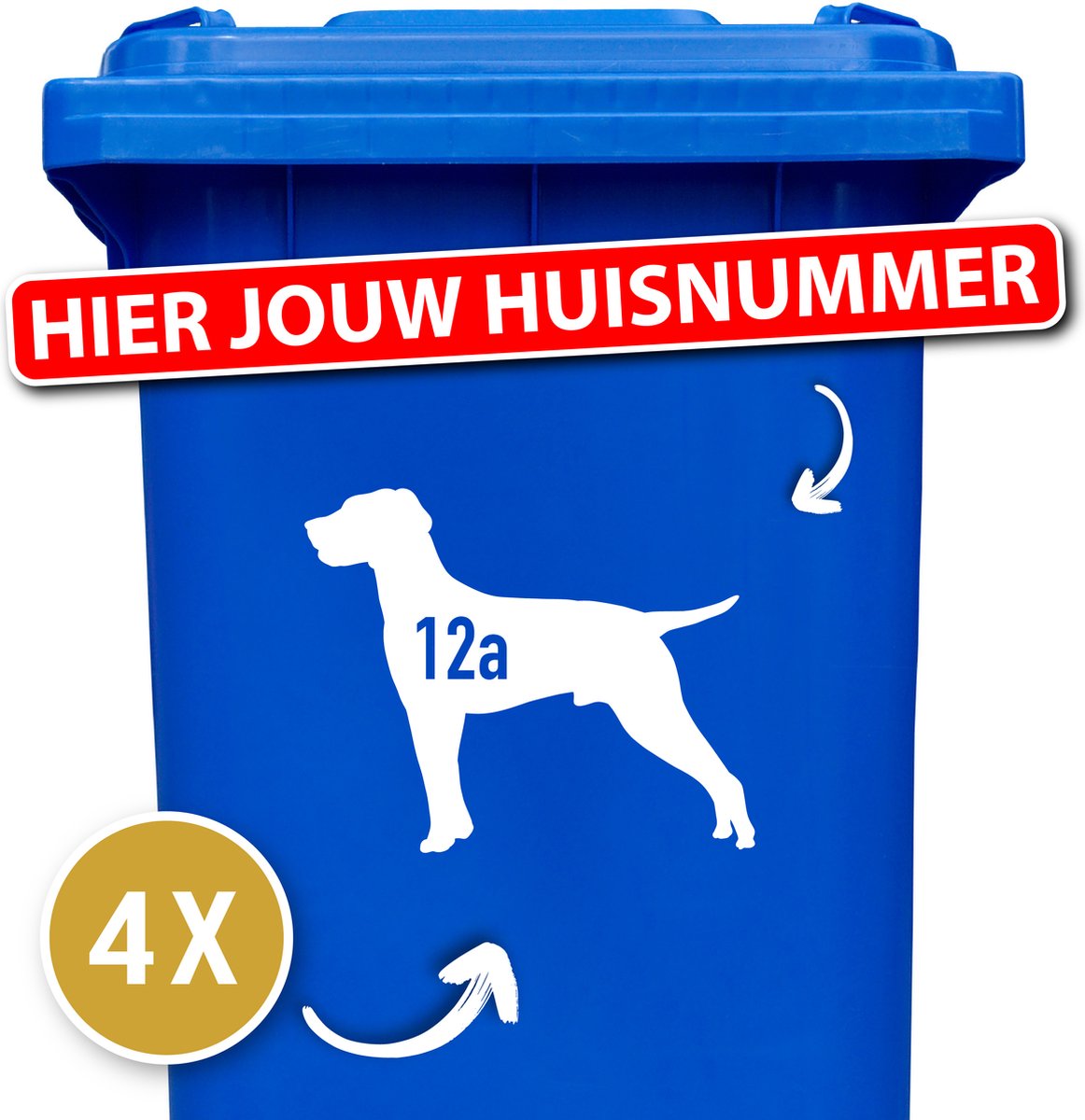 Kliko sticker voordeelset - 4 stuks - Vizsla - container sticker huisnummer - wit