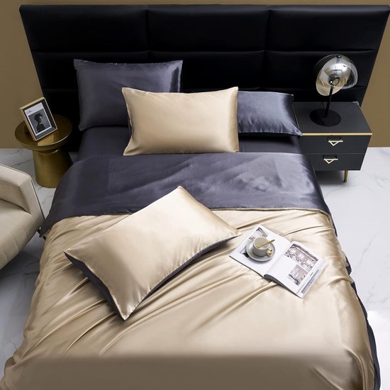 Beddengoed, satin, 200 x 220 cm, beige/gris foncé, uni, linge de lit  réversible, luxe... | bol
