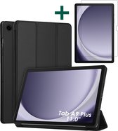 Hoes geschikt voor Samsung Galaxy Tab A9 Plus - Arara Trifold Bookcase TabletHoes met screenprotector gehard glas - Zwart