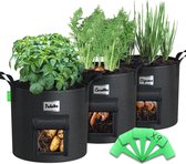 3 plantenzakken 43L van vliesstof, plantenzak met venster & Plantenborden voor etikettering, plantenzakken voor aardappelen, groenten en planten, zwart