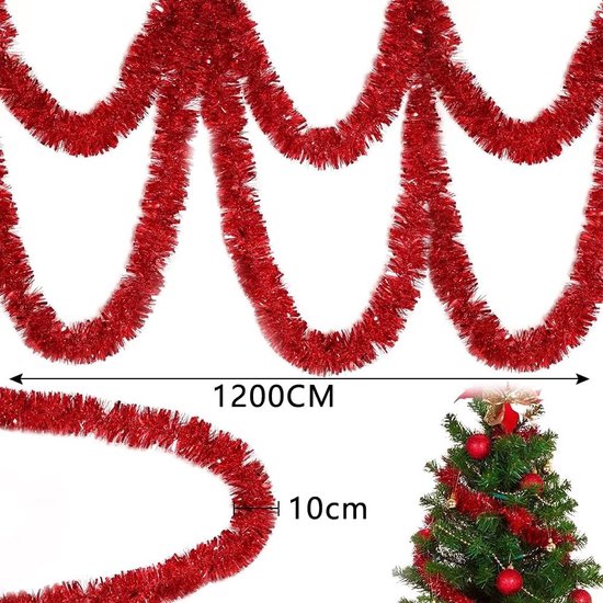 G2PLUS Kerstslinger van tinsel, rood: 10 m, kerstboomslinger, klatergoud voor binnen en buiten