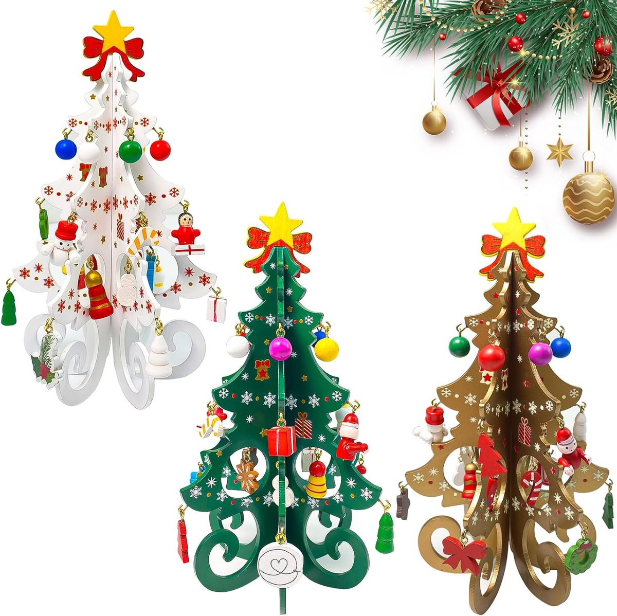 3 stuks mini-kerstboomdecoratie van hout, kerstboom kunst voor het bureau, kerstboom voor Kerstmis, tafeldecoratie, bruin + wit + groen, 95 x 190 mm