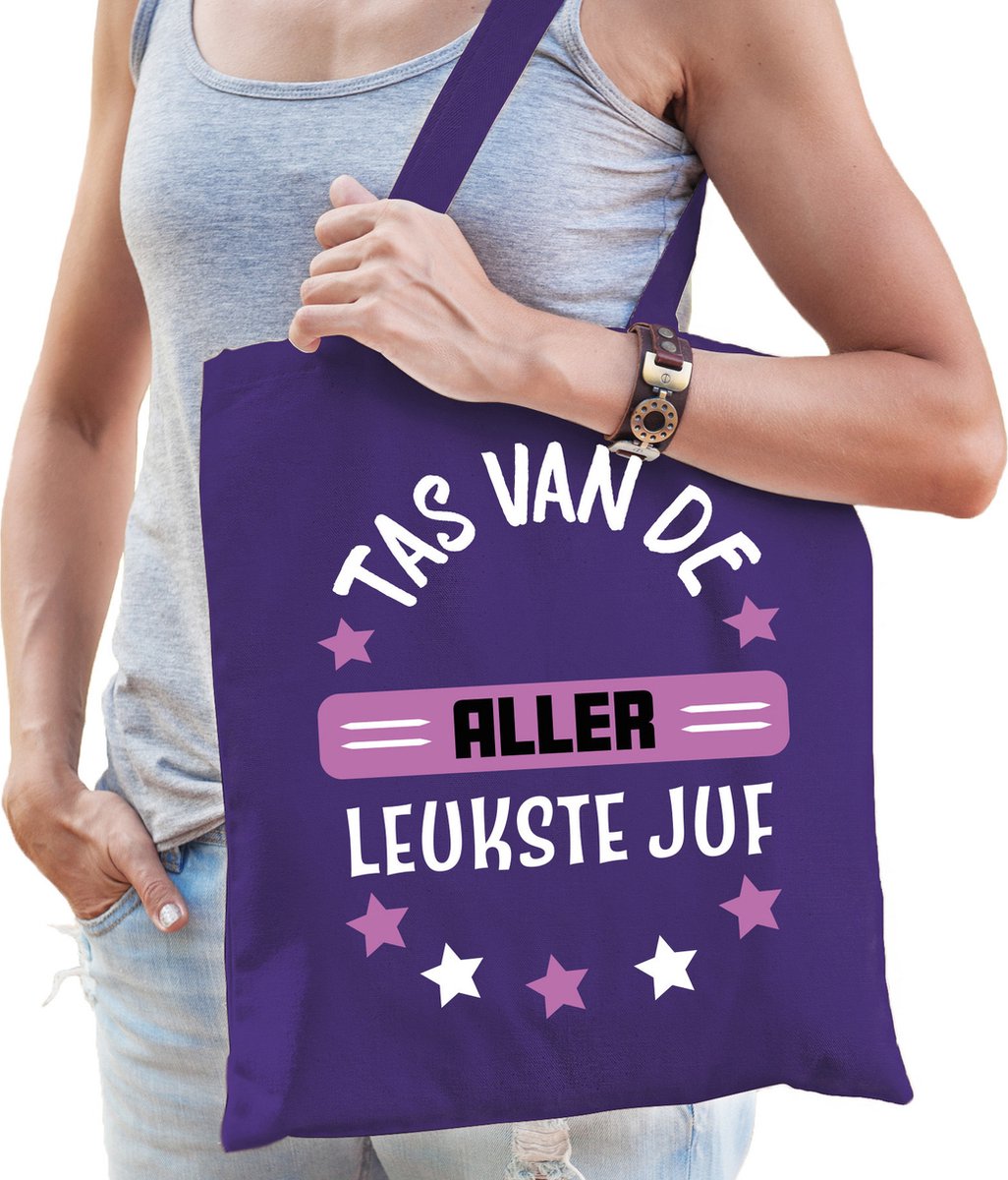 Bellatio Decorations cadeau tas juf - paars - 42 x 38 cm - Tas van de aller leukste juf