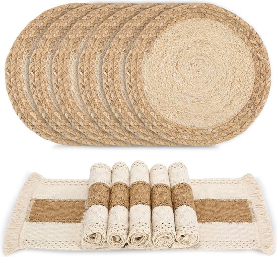 Handgemaakte Boho Placemats Set van 6 Natuurlijk Katoen Jute Waterstro