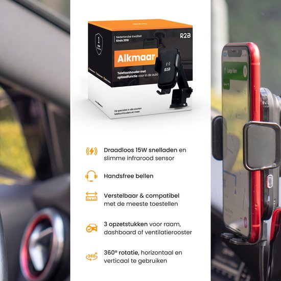 Verpakking van de R2B telefoonhouder met draadloze oplader, met daarop de tekst "Alkmmaar", "Nederlandse Kwaliteit sinds 2010" en "Telefoonhouder met oplaadfunctie in de auto".