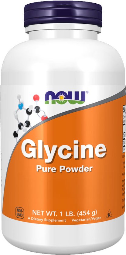 Witte pot met oranje label, met de tekst 'NOW Glycine Pure Powder'. Netto gewicht 454 g.