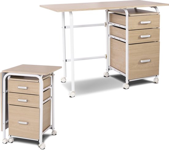 Inklapbare computertafel met 3 laden en wieltjes, bureau met metalen ...