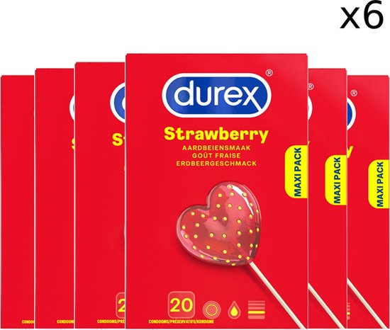 Zes pakken Durex aardbeiencondooms in rode verpakking, met hartvormige lolly.