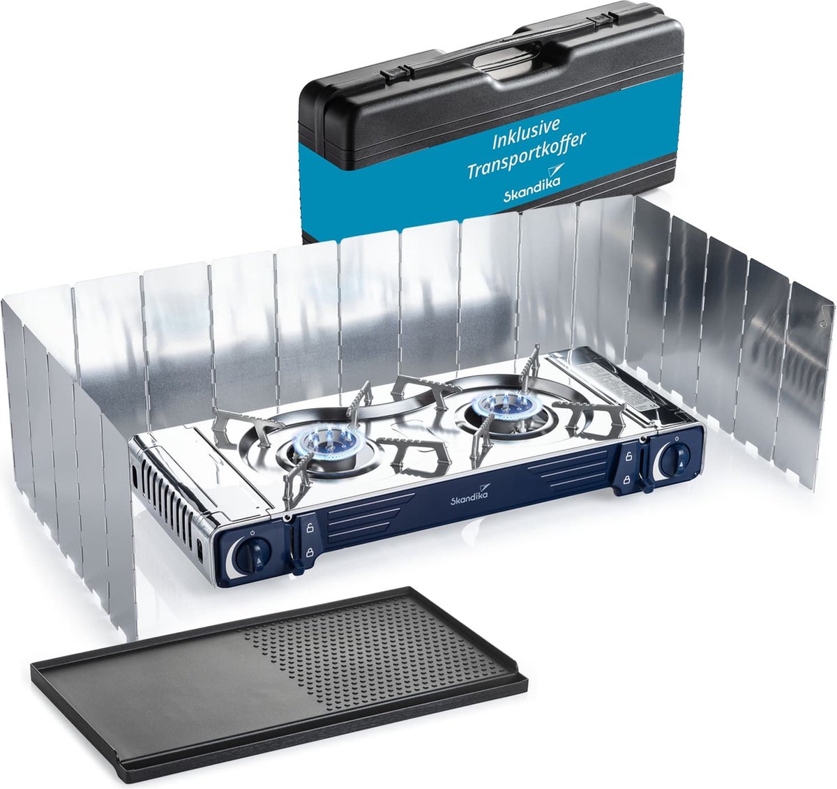 Skandika Brann Gasfornuis Set – Campingkooktoestellen - 2-pits robuust campingfornuis voor gaspatronen MSF-1A 227g roestvrij staal traploos regelbaar piëzo aansteker kunstof koffer – 63 x 28 x 12 cm (L x B x H) - Campinggrill – zwart/blauw