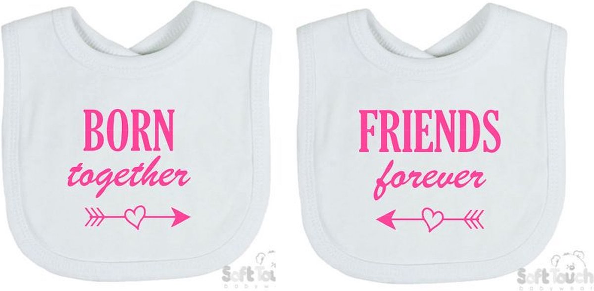 Goedkoopste Soft Touch 2-pack Slabber Slabbetje Slab Born together Friends forever Unisex Tweeling Katoen Wit/roze Maat 33x22 Cm