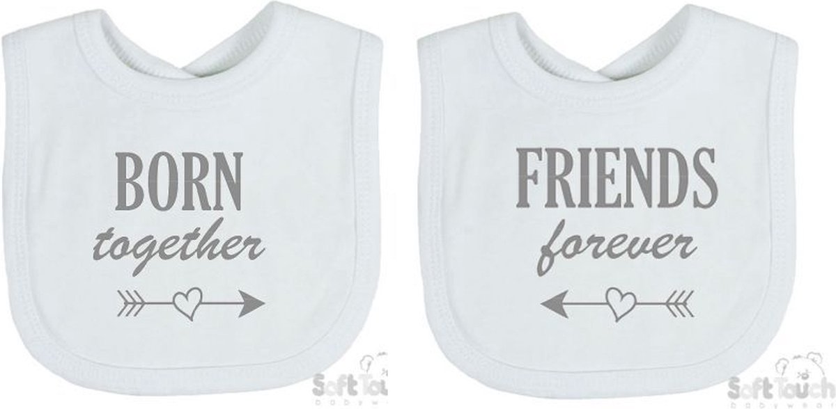 Goedkoopste Soft Touch 2-pack Slabber Slabbetje Slab Born together Friends forever Unisex Tweeling Katoen Wit/grijs Maat 33x22 Cm