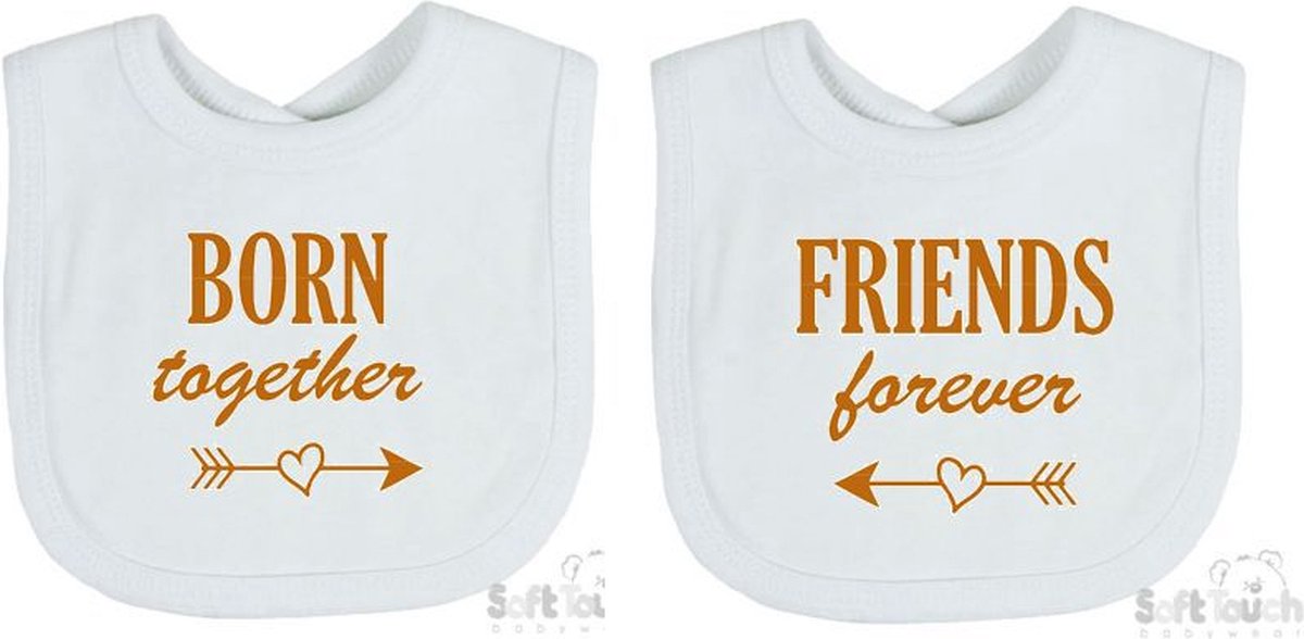 Goedkoopste Soft Touch 2-pack Slabber Slabbetje Slab Born together Friends forever Unisex Tweeling Katoen Wit/tan Maat 33x22 Cm