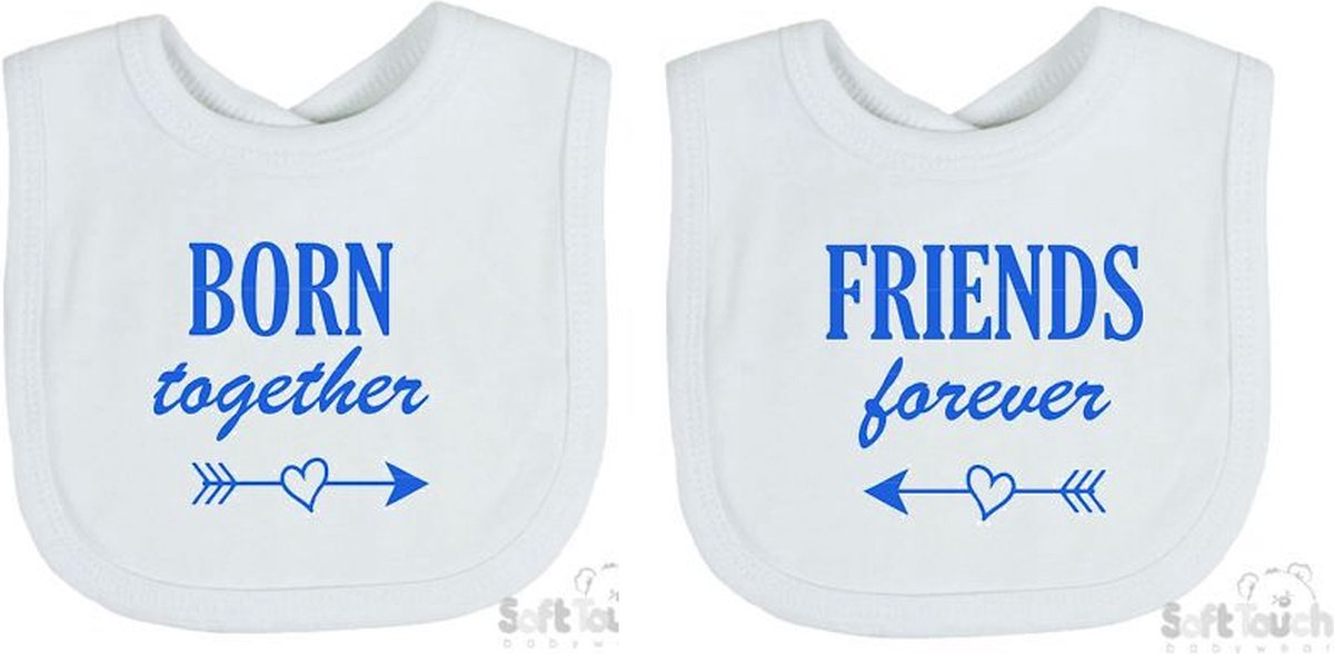 Goedkoopste Soft Touch 2-pack Slabber Slabbetje Slab Born together Friends forever Unisex Tweeling Katoen Wit/blauw Maat 33x22 Cm
