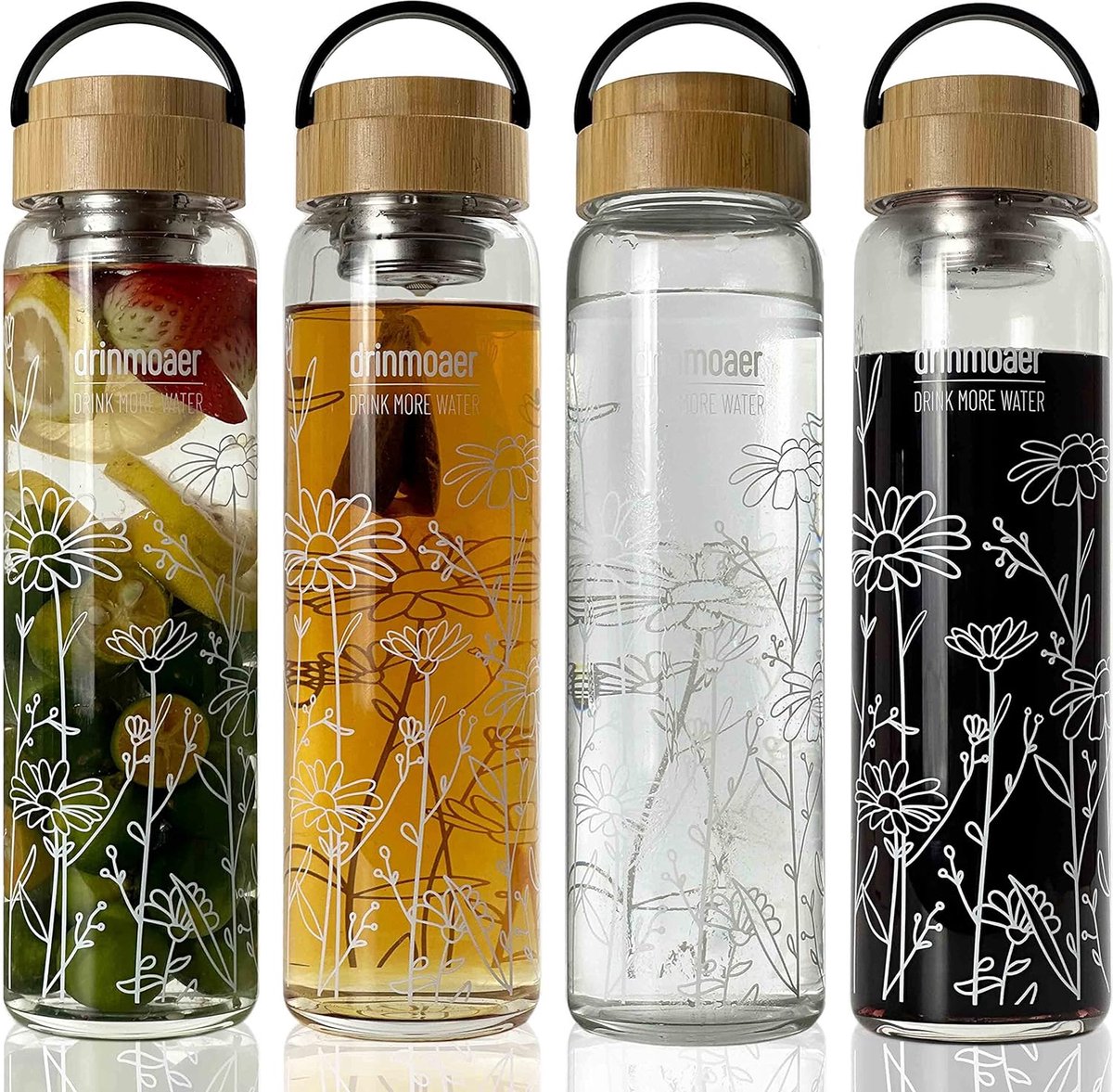 drinmoaer 1 liter drinkfles glas met bamboe deksel en hoes voor losse thee, theefles met zeef om mee te nemen, glazen waterfles 1 l (bloem